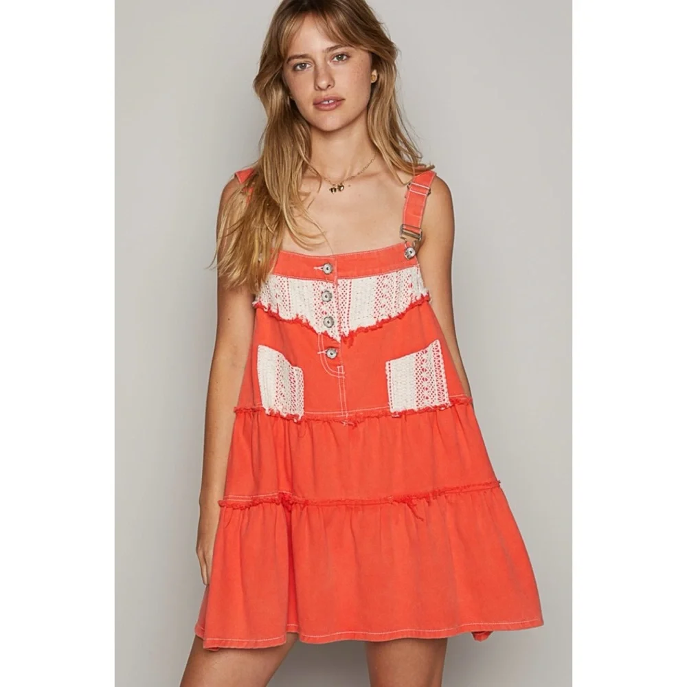 POL Coral Red Denim & Crochet Patch Tiered Skirtall Mini Dress - Picture 2 of 8